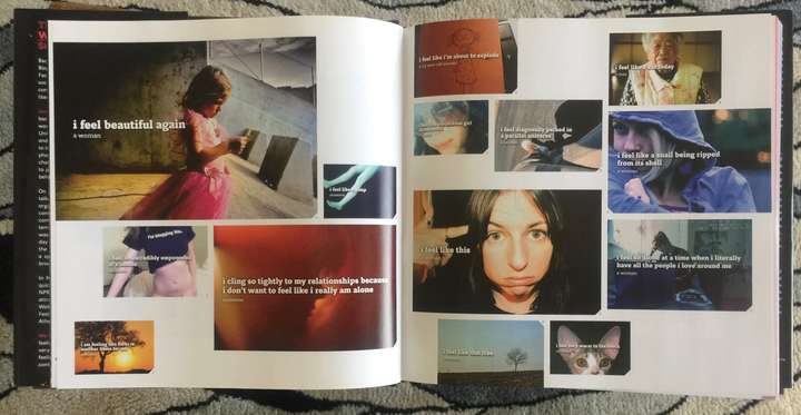 A spread from We Feel Fine showing a snapshot of photo posts