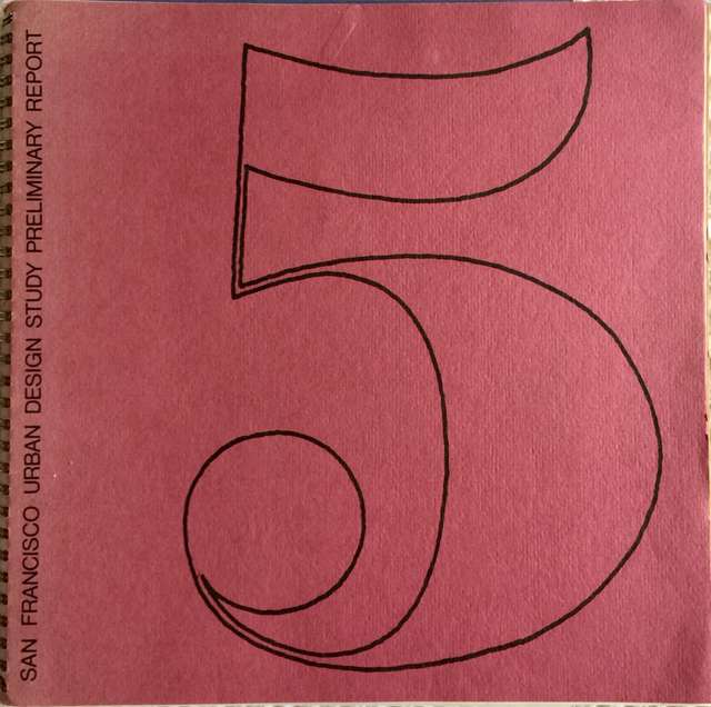 The cover of the report Preliminary Report No. 5 Urban Design Principles for San Francisco. It is deep pink with a large black 5 on it.