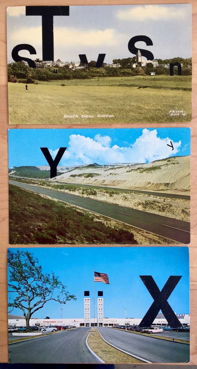 3 postcards with large letraset letters added on the landscapes they feature