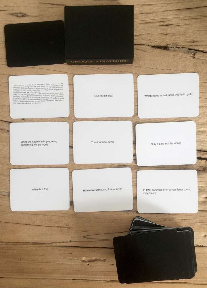 9 cards for Oblique Strategies, with the box
