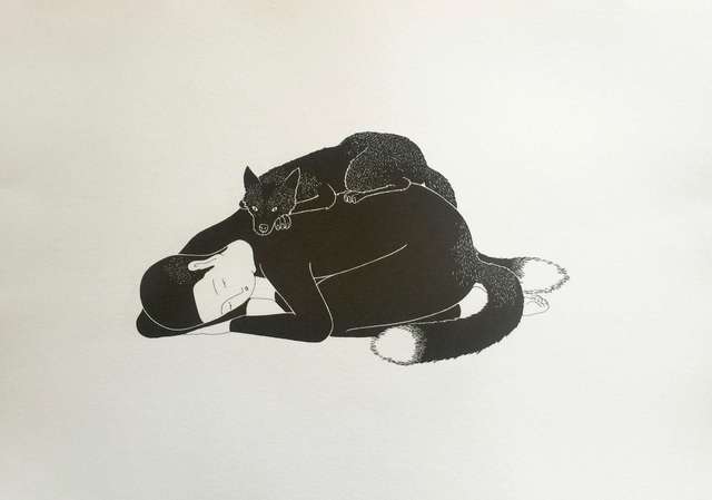 A print by Moonassi of a sleeping person fox, laying down with a fox laying on them