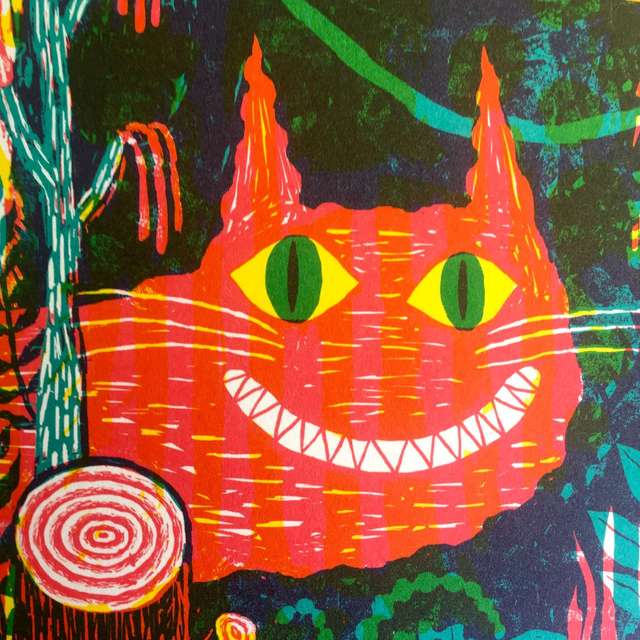A bright and chaotic illustration of a grinning cat