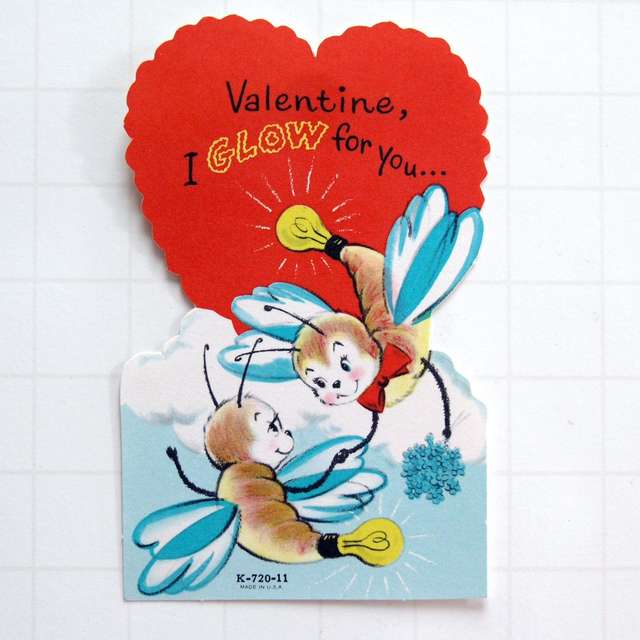 A kitsch valentines card featuring a moving illustrated glowfly
