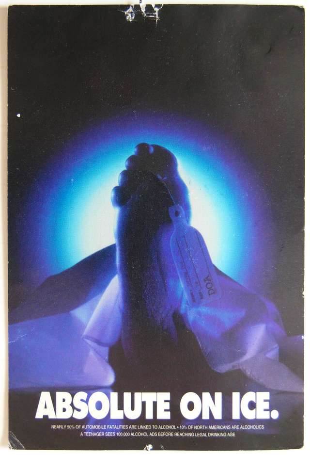 A postcard from Adbusters, spoofing the Absolut ads and showing a foot with a toes tag and the words Absolute on ice