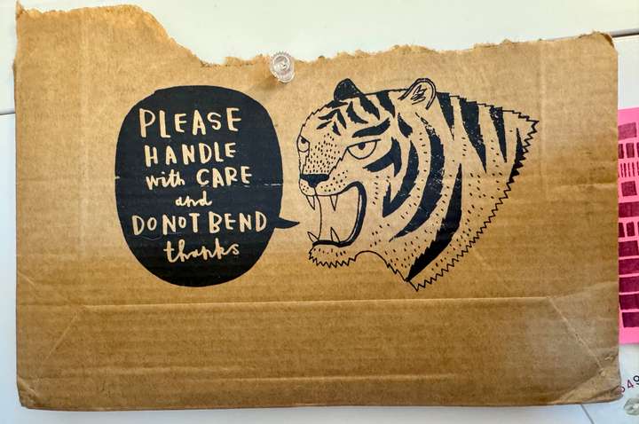 An illustration of a tiger saying 'please handle with care'