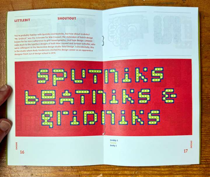 A spread from the specimen showing an example use that says 'sputniks, beatniks and gridniks'