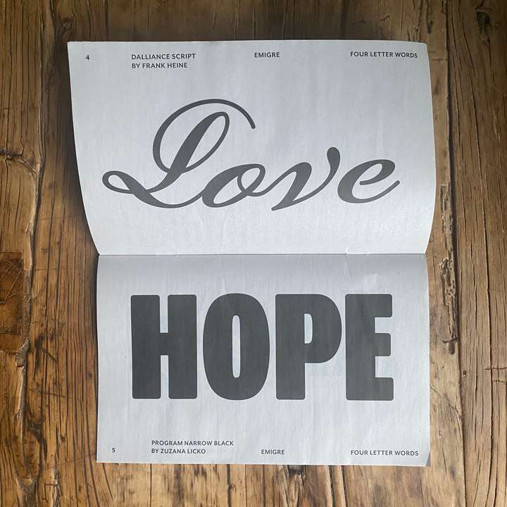 a spread from a pamphlet. In bold type it says Love on the first page and Hope on the second
