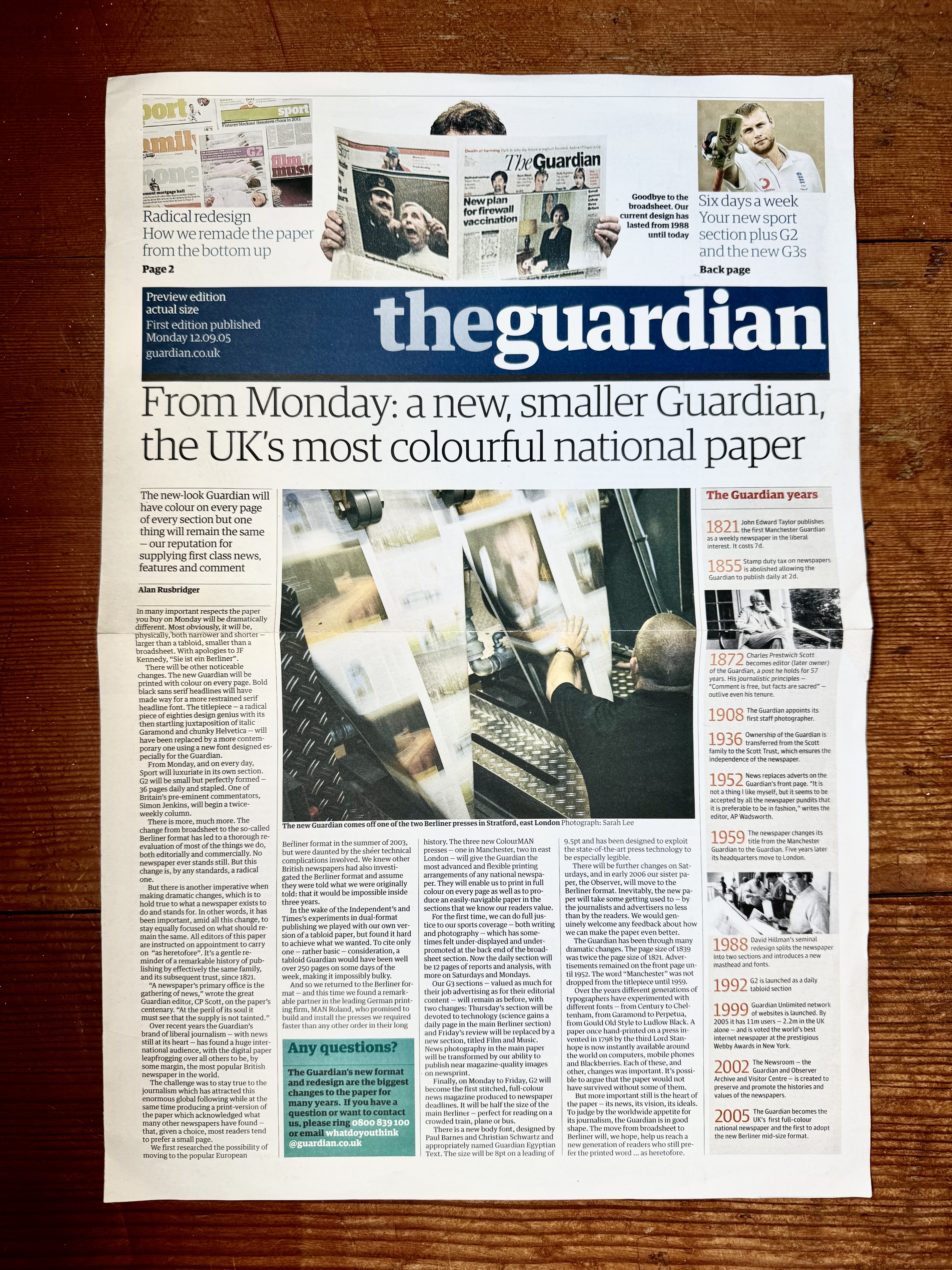 Front page of a Guardian newspaper supplement introducing their new Berliner format and design. It is in the format and design of the paper and the main story header says: From Monday: a new, smaller Guardian, the UK's most colourful national paper