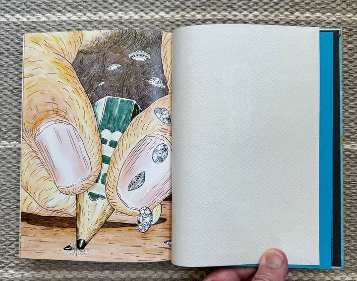 A color drawing of a hand using a worn down pencil with tiny UFOs flying around it