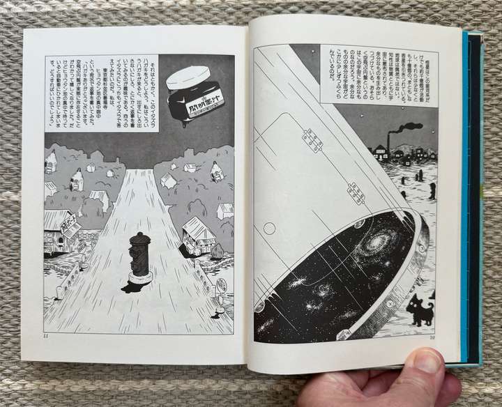 A spread from the book, a universe on one side with a small dog, on the other a down with pencil buildings and a hydrant in the middle of the street