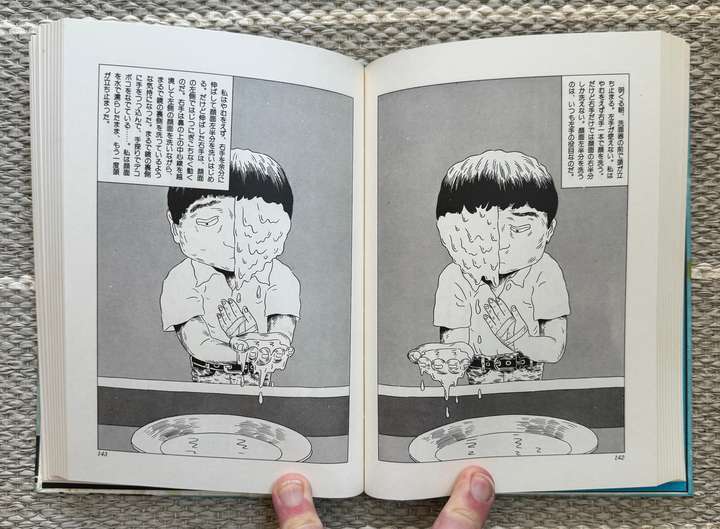 a person with have their face melting, the over page has the same image but the other half of their face is melting instead