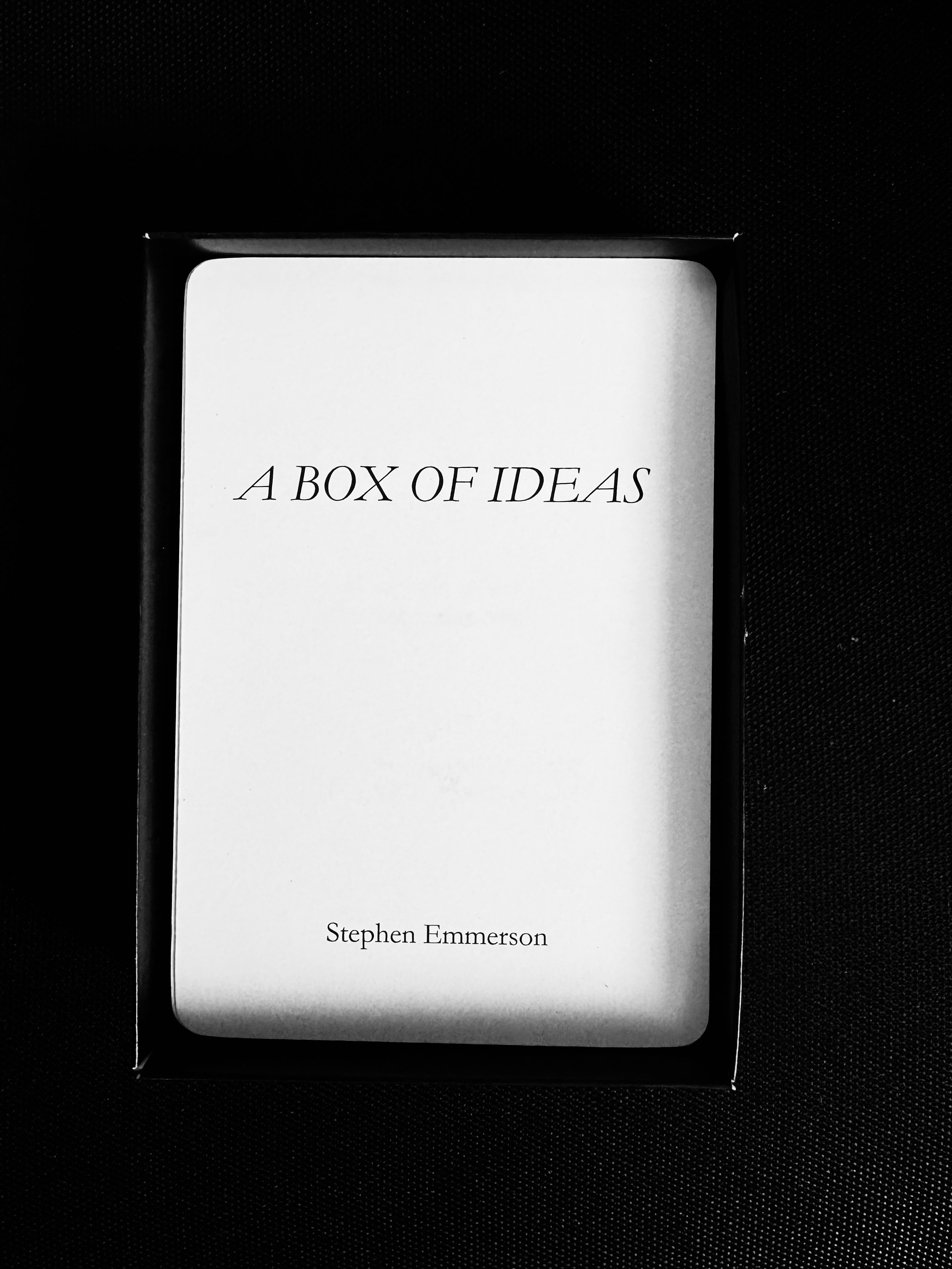 An open black box full of cards, with the title card saying A Box of Ideas by Stephen Emmerson