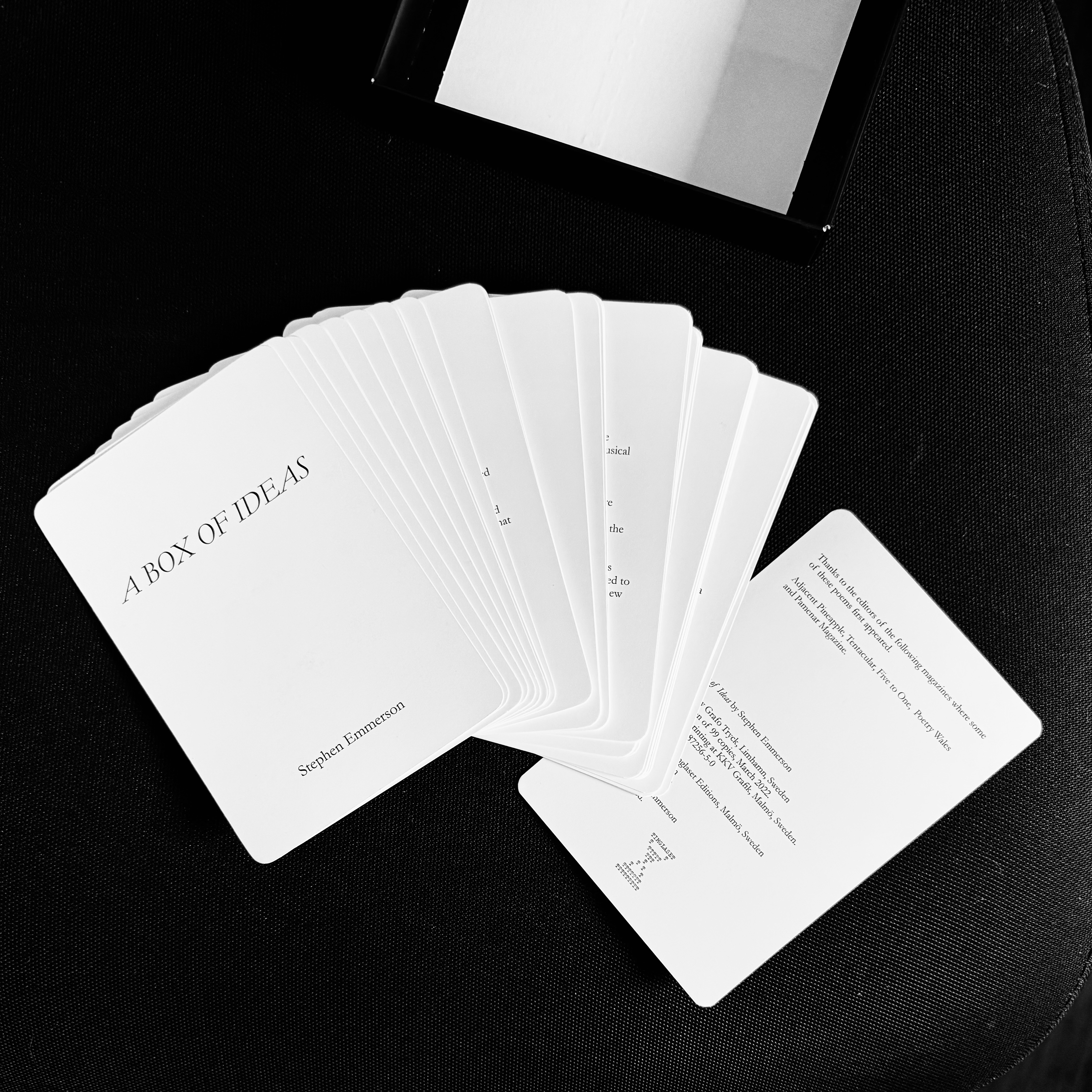A deck of cards spread out, the top one is the title card saying A Box of Ideas