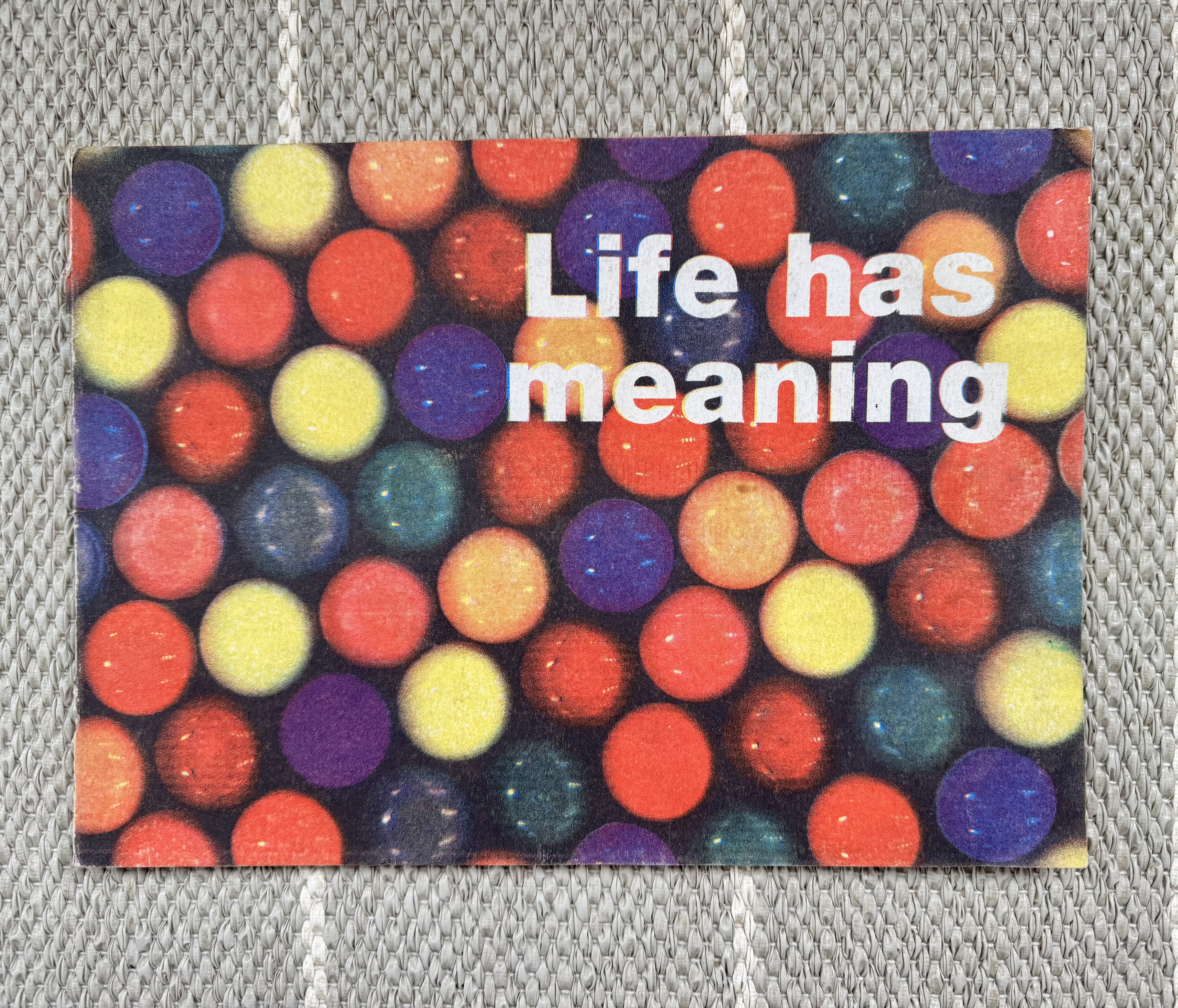 A brightly coloured A4 landscape book with a bold white title saying Life Has Meaning