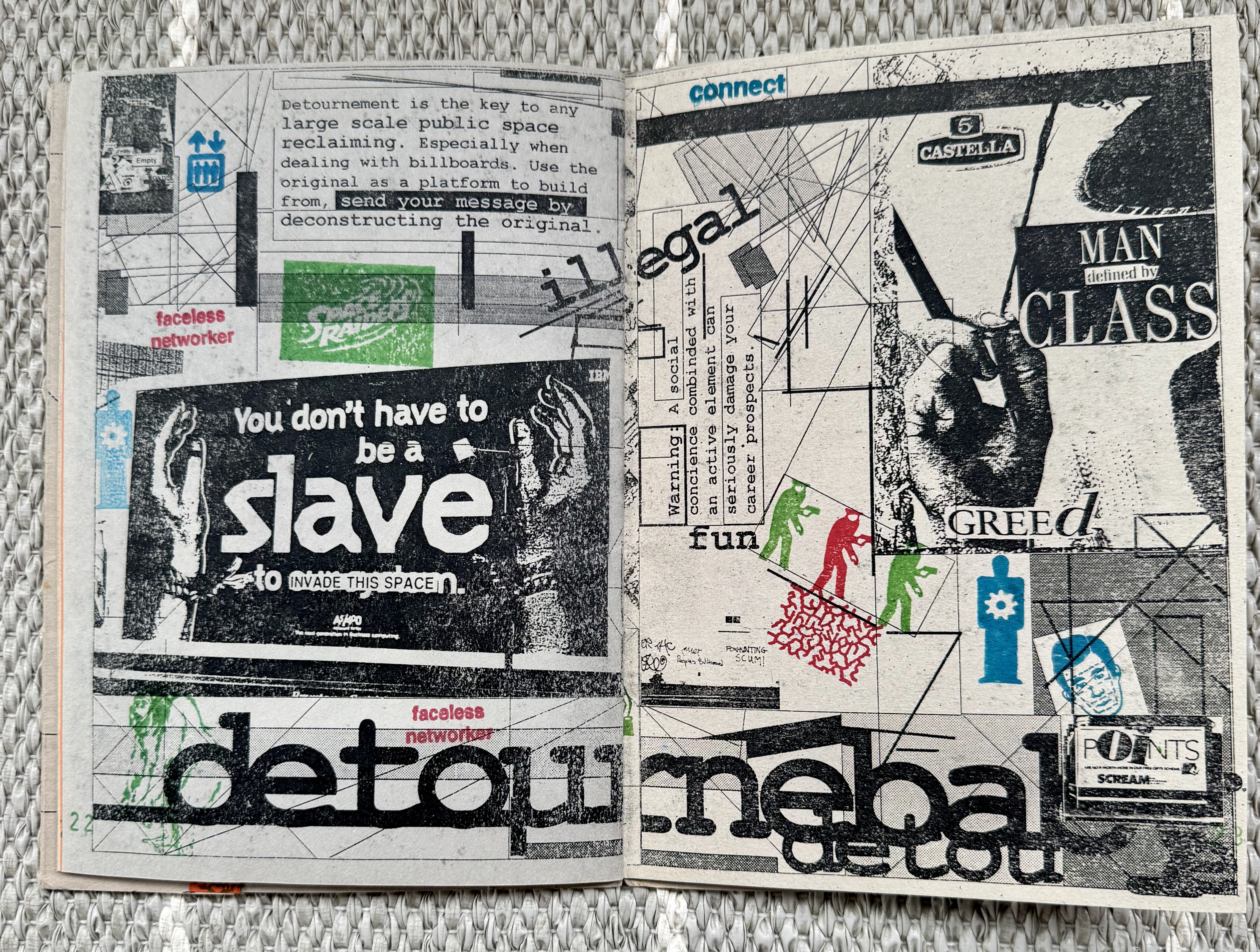 A double page spread of a photocopied, rubberstamped and stickered zine. It is a noisy layout of text, images and icon.